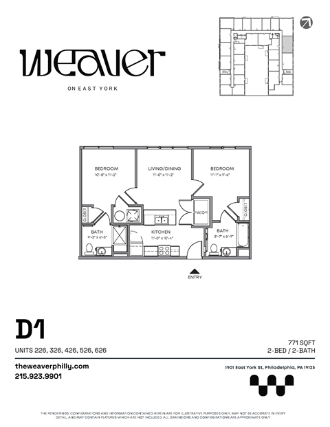 2Bed Floor Plan D1 at The Weaver, Philadelphia, PA, 19125